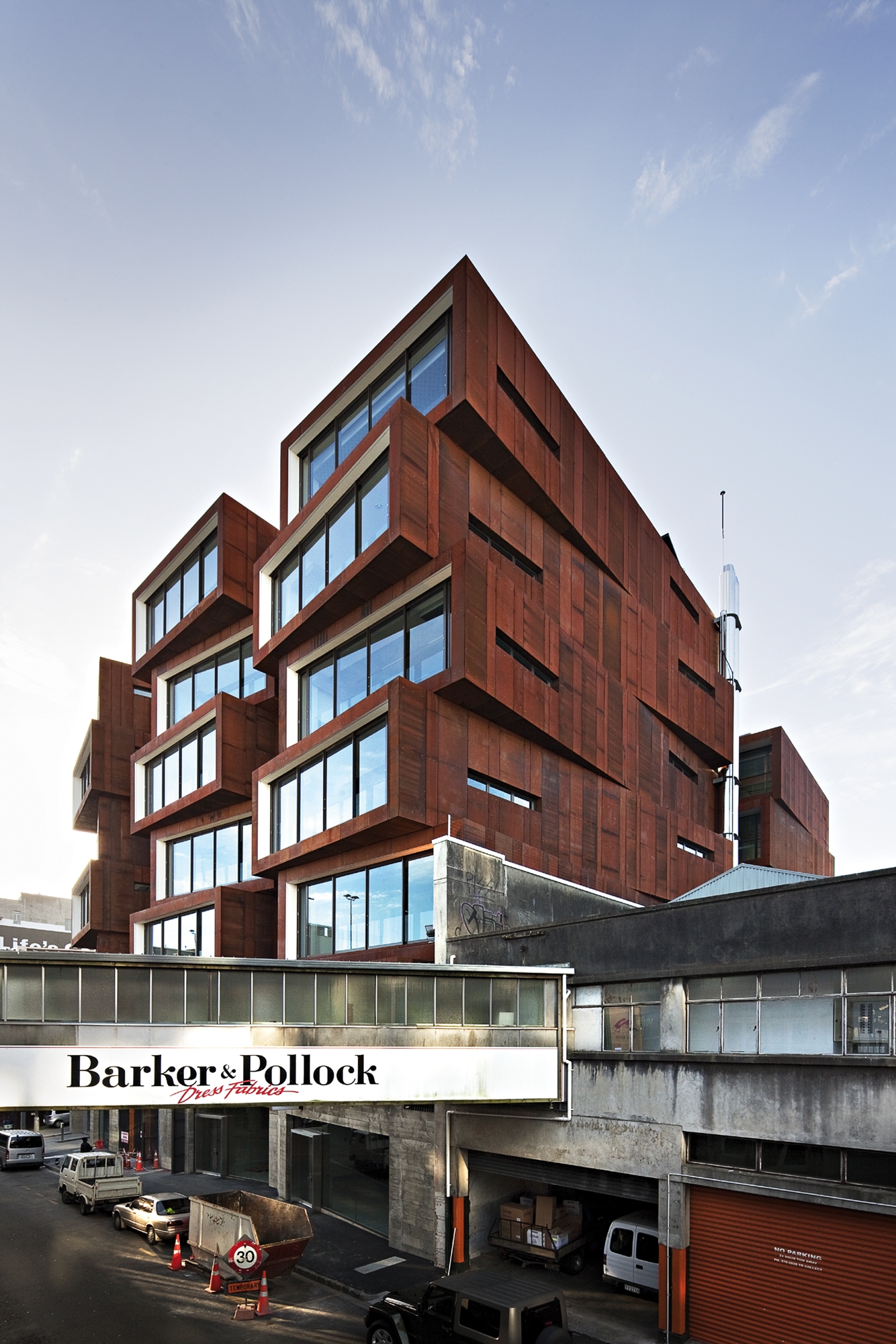 Stacked Cor-ten boxes at Ironbank, RTA Studio’s 2008 mixed-use scheme in Auckland