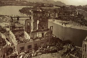 Photo of the aftermath of the Hiroshima Peace Memorial (A-Bomb Dome) after the devastating nuclear detonation in the Museum