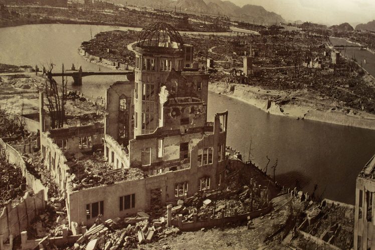 Photo of the aftermath of the Hiroshima Peace Memorial (A-Bomb Dome) after the devastating nuclear detonation in the Museum